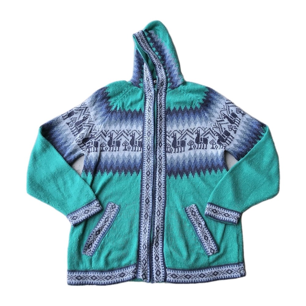 Peruvian KISS MY ALPACA Wool‎ Zip Sweater Jacket Hooded Womens Sz L Nordic Print